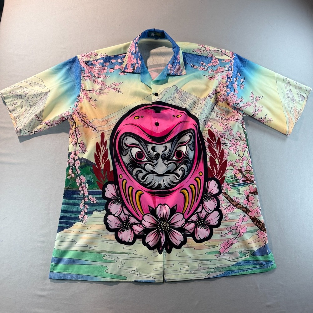 Karok Daruma Button Up Shirt L Japanese Art Cherry Blossom Graphic‎